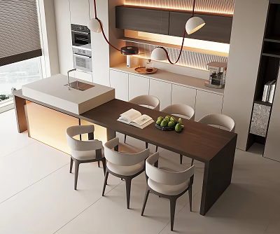 Modern Kitchen Bar Interior With Dining Table Chairs Fresh Fruits And Cabinets 3d model