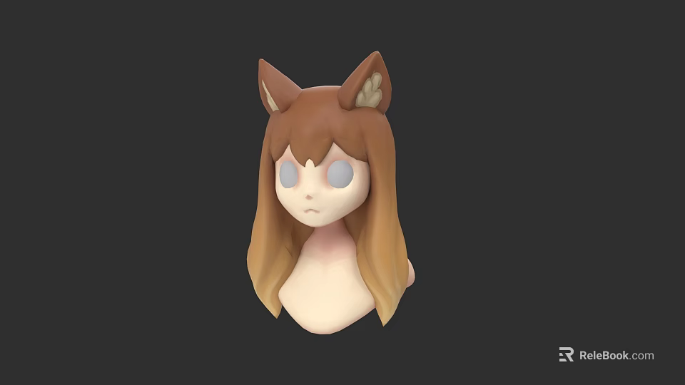 3D Model of Woman with Long Brown Hair Cat Ears and Blue Eyes 3d model 