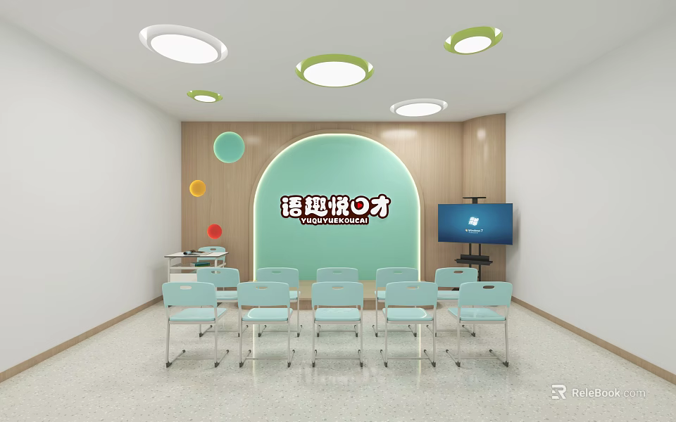 School Public Speaking Classroom With Green Chairs Arched Backdrop TV Circular Decorations And Lighting 3d model 