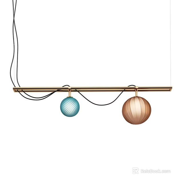 Modern Golden Bar Chandelier With Two Spherical Blue And Brown Shades 3d model 