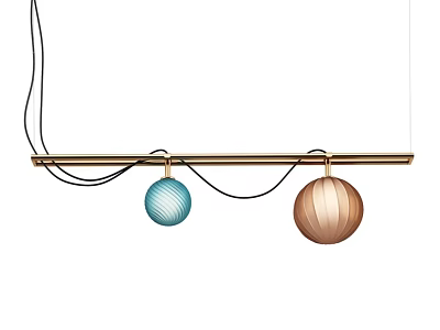 Modern Golden Bar Chandelier With Two Spherical Blue And Brown Shades 3d model
