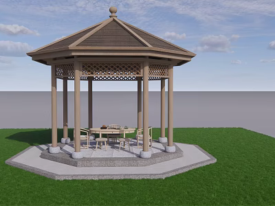Wooden Gazebo Structure With Lattice Design Hexagonal Base On Green Grass Blue Sky Table Chairs 3d model