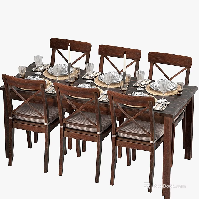 Wooden Dining Table and Cross Back Chairs Set With Tableware and Candles 3d model