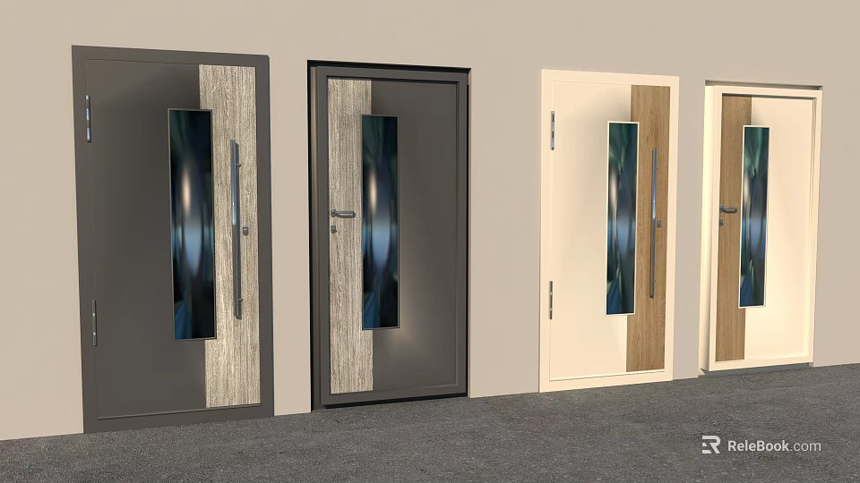 Various Colored Modern Hinged Doors With Glass Panels And Wooden Trims 3d model 