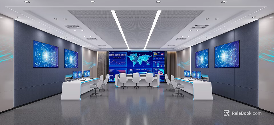 Modern Control Room Interior With World Map Screens Control Desks And Computers 3d model 