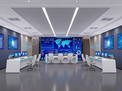 Modern Control Room Interior With World Map Screens Control Desks And Computers 3d model