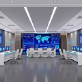 Modern Control Room Interior With World Map Screens Control Desks And Computers 3d model