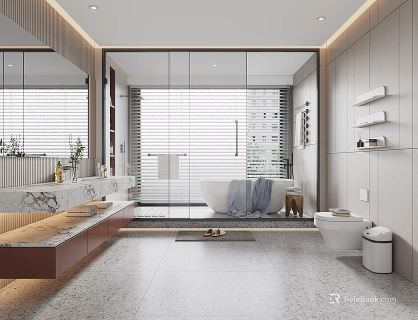 Modern Bathroom Interior Design With Marble Vanity Large Window Blinds Bathtub And Wall Shelves 3d model 