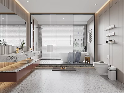 Modern Bathroom Interior Design With Marble Vanity Large Window Blinds Bathtub And Wall Shelves 3d model