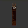 Ornate Classic Wooden Grandfather Clock With Decorative Top Figures And Pendulum