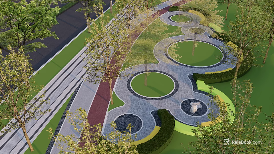 Scenic Park Landscape With Winding Pathways Circular Lawns And Lush Greenery 3d model 