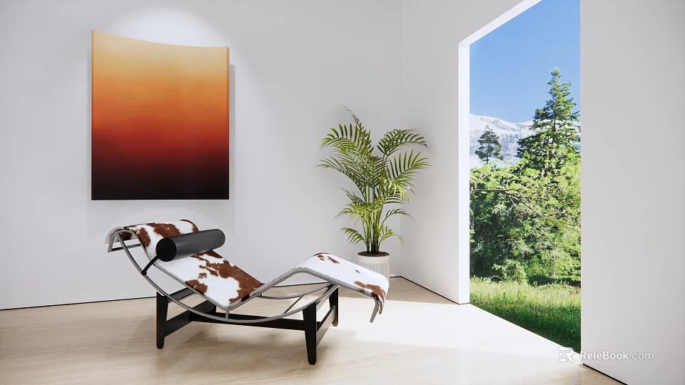 Modern Cow Print Chaise Lounge with Indoor Plant Abstract Painting and Scenic Window View 3d model 