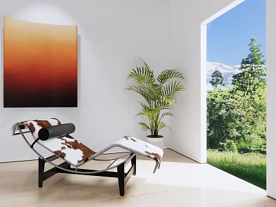 Modern Cow Print Chaise Lounge with Indoor Plant Abstract Painting and Scenic Window View 3d model