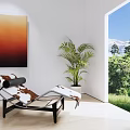 Modern Cow Print Chaise Lounge with Indoor Plant Abstract Painting and Scenic Window View