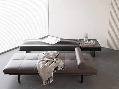 Modern Leather Bed Bench With Blanket Magazine Tray Water Bottle And Gray Floor Blinds 3d model