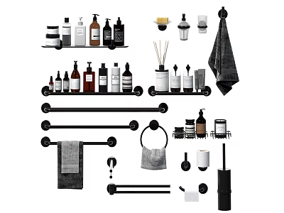 Stylish Modern Bathroom Accessories With Towel Racks Soap Dispensers Toilet Brushes And Hooks 3d model