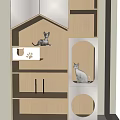 Wooden And White Cat Furniture With House Shaped Compartments And Cats Inside