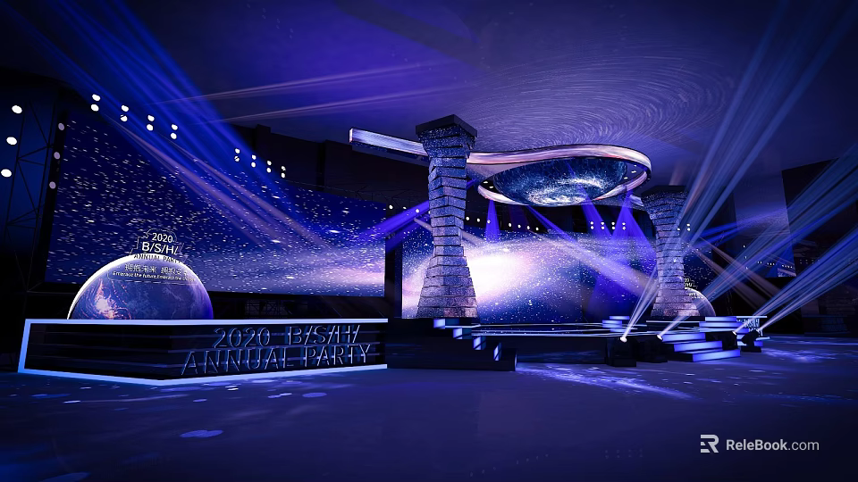 Luxurious Blue Stage Design with Bright Lighting for Large Event Celebration 3d model