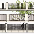 Modern Feature Wall Design With Vertical Slat Structure And Surrounding Trees 3d model