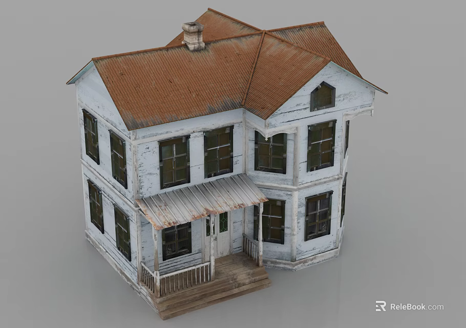 White Two Story House With Red Roof Wooden Porch And Multiple Windows 3d model 
