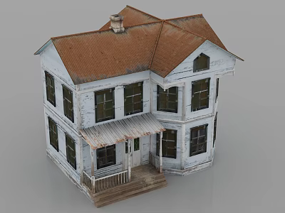 White Two Story House With Red Roof Wooden Porch And Multiple Windows 3d model