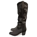 Stylish Black Leather Knee High Boots With Decorative Pattern And Block Heel 3d model