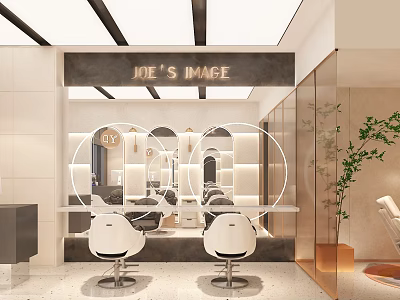 Modern Hair Salon Interior With Stylish Mirrors And White Salon Chairs 3d model