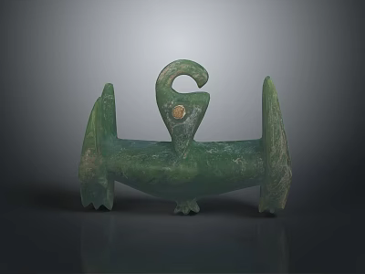 Ancient Green Jade Vessel With Curved Handle Three Legs And Circular Ornament 3d model
