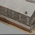 Old Wooden Cottage With Weathered Walls White Roof Multiple Windows And Small Green Plant