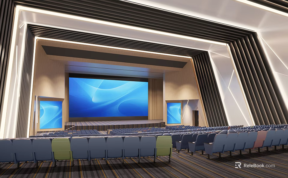 School Modern Auditorium With Large Blue Screen And Comfortable Seats 3d model 