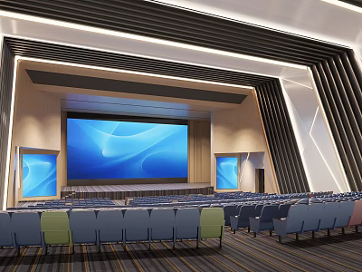 School Modern Auditorium With Large Blue Screen And Comfortable Seats 3d model