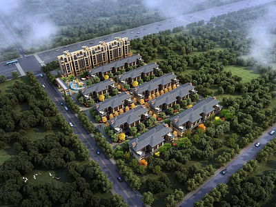 Aerial Planning of Residential Complex With Row Houses Surrounding Greenery and Access Roads 3d model
