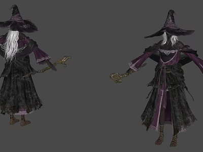 Woman Dressed as Witch with White Hair in Long Robe Pointed Hat Holding Staff 3d model