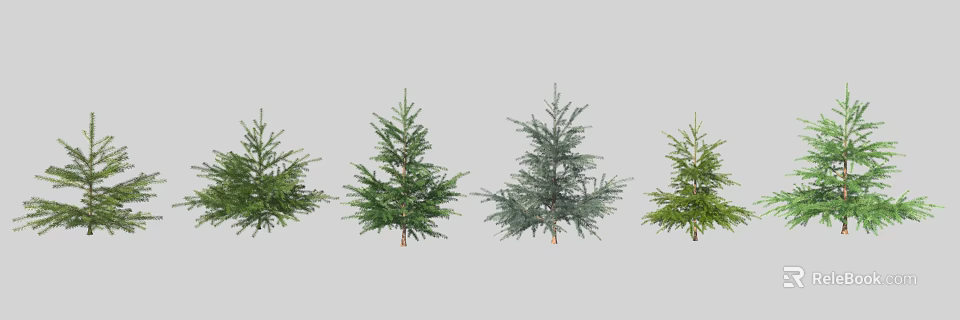 Different Arbor Varieties With Green Foliage And Distinct Shapes Arranged In Line 3d model 