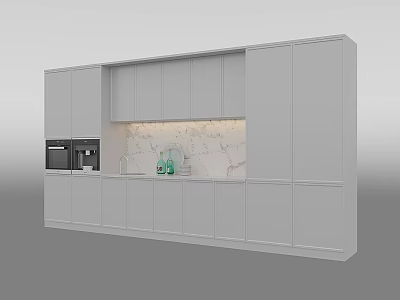 Modern White Kitchen Cabinets With Marble Backsplash Countertop Built-in Appliances And Green Bottles 3d model