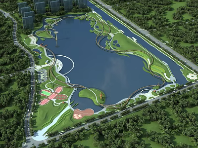 Scenic Urban Park Landscape With Large Lake Green Spaces Walking Paths Recreational Areas And Trees 3d model