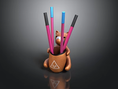Brown Bear Shaped Pen Holder With Colorful Pens For Office Stationery Organization 3d model