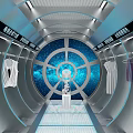 Space Themed Public Office Space With Blue Starry Background Circular Archway And Central White Installation