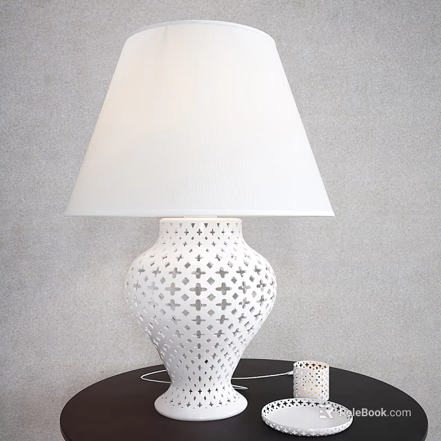 White Ceramic Table Lamp With Perforated Cross Pattern Base And White Lampshade 3d model