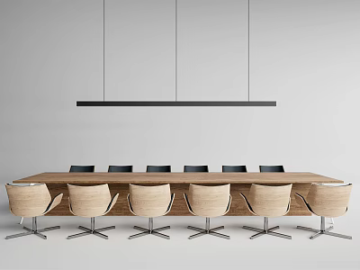Long Wooden Conference Table With Light Wood Chairs And Modern Pendant Light 3d model