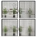 Modern Wall Featuring Metal Grid Patterns Circular Square Holes And Green Plants 3d model