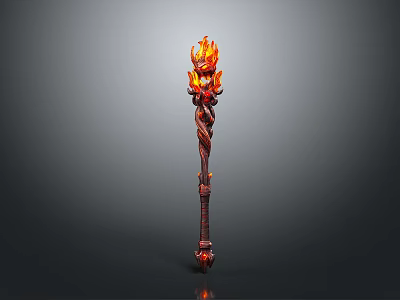 Fantasy Burning Staff With Flaming Top And Intricate Carved Handle 3d model