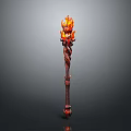 Fantasy Burning Staff With Flaming Top And Intricate Carved Handle