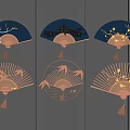 Fan Shaped Wall Decor with Blue and Gold Crane Bamboo Tree Branch and Tassel Design