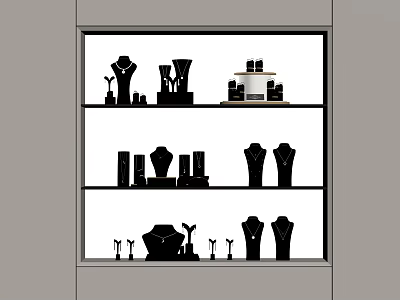 Stylish Jewelry Display On Multiple Shelves With Mannequins And Decorative Pieces 3d model