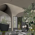 Elegant Modern Sales Office With Arched Ceiling Design And Lush Natural Indoor Green Plants