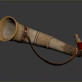 Decorative Horn Shaped Household Item With Golden Accents And Red Leather Strap