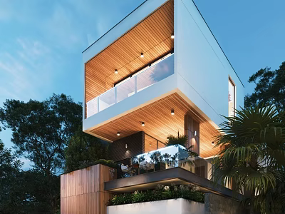 Elegant Modern Single Family House With Wooden Terrace Glass Railings And Greenery 3d model