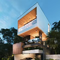 Elegant Modern Single Family House With Wooden Terrace Glass Railings And Greenery
