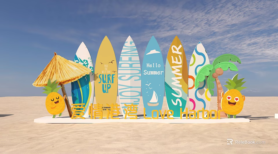 Summer Themed Surfboard Decorations With Pineapple Umbrella And Love Bay Elements 3d model 